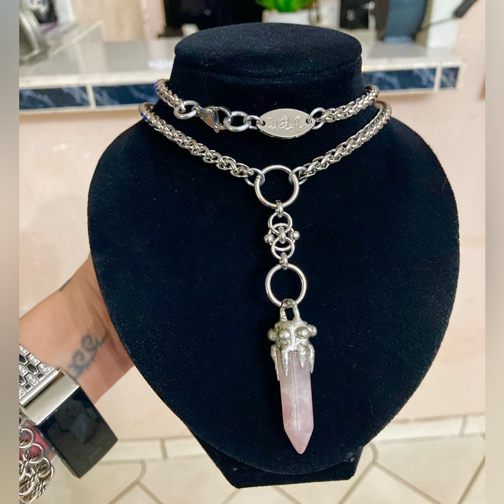 Genuine rose quartz bullet stainless steel maille celtic knot lariat Y necklace - Picture 14 of 16
